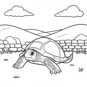 solo, rùa đơn, một đầu, hai mắt, bốn chân, một vỏ, một đuôi, bàn chân trên mặt đất vững chắc, tỷ lệ tự nhiên, quy mô thích hợp trong môi trường, đúng giải phẫu, rùa, Bức tường đá, đồng cỏ cừu, đồi thoai thoải, đơn giản, sạch sẽ, lý lịch, phong cảnh, đường chân trời, đám mây, ánh sáng mặt trời, trang tô màu, nghệ thuật đường, nền trắng, solo, chủ đề đơn, đúng giải phẫu, giải phẫu hoàn hảo