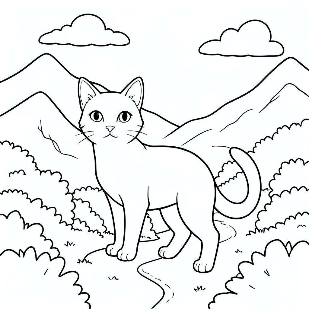 solo, chủ đề đơn, một đầu, hai mắt, hai tai, bốn chân, một đuôi, tỷ lệ tự nhiên, quy mô thích hợp trong môi trường, đúng giải phẫu, con mèo, Núi, đường mòn, bụi cây, thấp, ánh sáng mặt trời, trong sáng, Bầu trời, con đường, quanh co, đơn giản, trang màu, nghệ thuật đường, nền trắng, solo, chủ đề đơn, đúng về mặt giải phẫu, giải phẫu hoàn hảo
