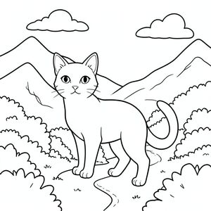 solo, chủ đề đơn, một đầu, hai mắt, hai tai, bốn chân, một đuôi, tỷ lệ tự nhiên, quy mô thích hợp trong môi trường, đúng giải phẫu, con mèo, Núi, đường mòn, bụi cây, thấp, ánh sáng mặt trời, trong sáng, Bầu trời, con đường, quanh co, đơn giản, trang màu, nghệ thuật đường, nền trắng, solo, chủ đề đơn, đúng về mặt giải phẫu, giải phẫu hoàn hảo