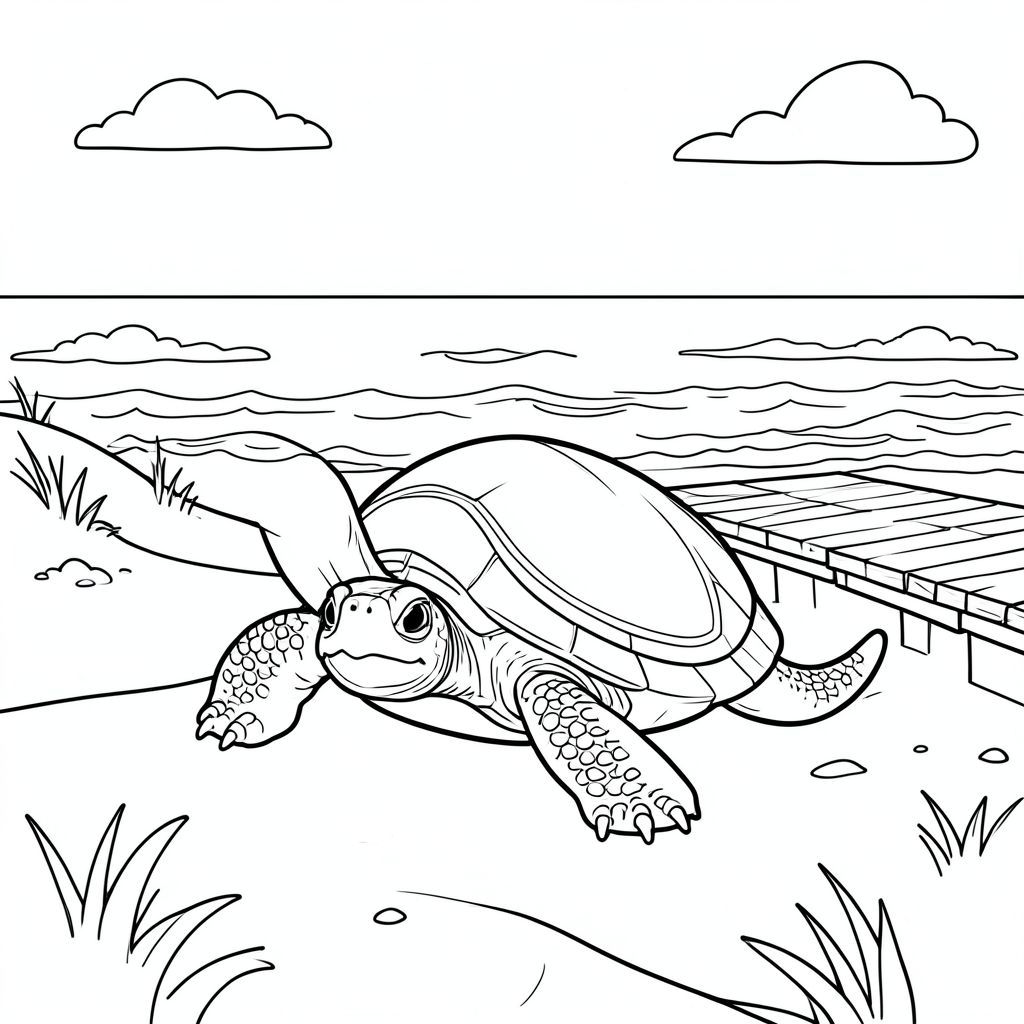 Độc lập, Rùa đơn, một đầu, hai mắt, bốn chân, một vỏ, một đuôi, bàn chân trên mặt đất vững chắc, tỷ lệ tự nhiên, quy mô thích hợp trong môi trường, đúng giải phẫu, rùa, cát, cồn cát, lối đi lát ván, con đường, bờ biển, bờ biển, bờ biển, bầu trời quang đãng, đại dương, sóng, ánh sáng mặt trời, trang tô màu, nghệ thuật đường, nền trắng, solo, chủ đề đơn, chính xác về mặt giải phẫu, giải phẫu hoàn hảo