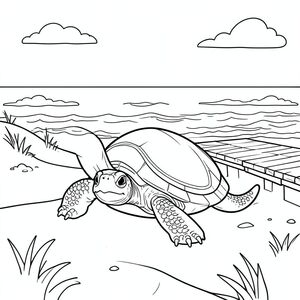 Độc lập, Rùa đơn, một đầu, hai mắt, bốn chân, một vỏ, một đuôi, bàn chân trên mặt đất vững chắc, tỷ lệ tự nhiên, quy mô thích hợp trong môi trường, đúng giải phẫu, rùa, cát, cồn cát, lối đi lát ván, con đường, bờ biển, bờ biển, bờ biển, bầu trời quang đãng, đại dương, sóng, ánh sáng mặt trời, trang tô màu, nghệ thuật đường, nền trắng, solo, chủ đề đơn, chính xác về mặt giải phẫu, giải phẫu hoàn hảo