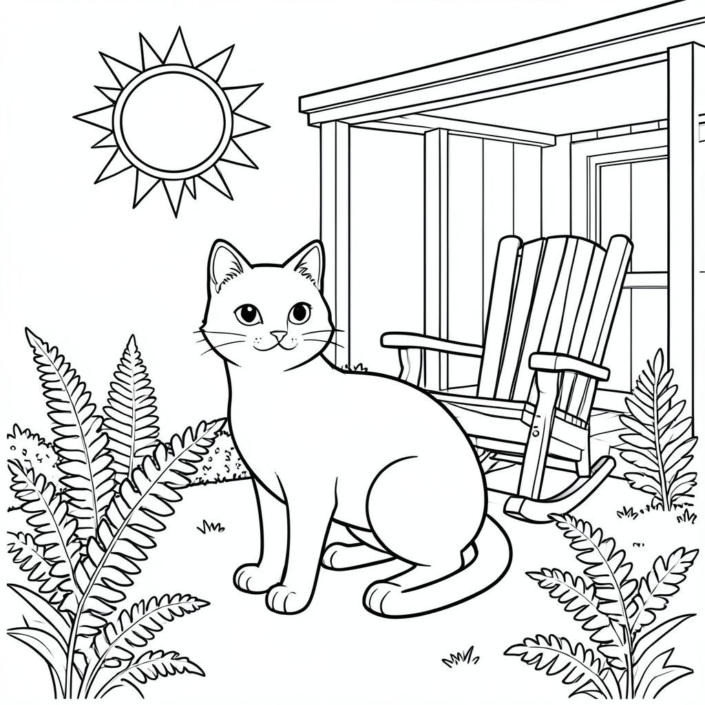 solo, chủ đề đơn, một đầu, hai mắt, hai tai, bốn chân, một đuôi, tỷ lệ tự nhiên, quy mô thích hợp trong môi trường, đúng giải phẫu, con mèo, mặt trời, hiên nhà, ghế bập bênh, dương xỉ, vườn, nắng, trong sáng, đơn giản, lý lịch, dọn dẹp, trang màu, nghệ thuật đường, nền trắng, solo, chủ đề đơn, đúng giải phẫu, giải phẫu hoàn hảo