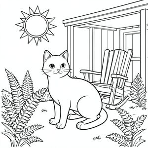 solo, chủ đề đơn, một đầu, hai mắt, hai tai, bốn chân, một đuôi, tỷ lệ tự nhiên, quy mô thích hợp trong môi trường, đúng giải phẫu, con mèo, mặt trời, hiên nhà, ghế bập bênh, dương xỉ, vườn, nắng, trong sáng, đơn giản, lý lịch, dọn dẹp, trang màu, nghệ thuật đường, nền trắng, solo, chủ đề đơn, đúng giải phẫu, giải phẫu hoàn hảo