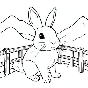 solo, chủ đề đơn, một đầu, hai mắt, hai tai, bốn chân, một đuôi, tỷ lệ tự nhiên, quy mô thích hợp trong môi trường, đúng giải phẫu, thỏ, núi, quan điểm, quan sát, lan can, bằng gỗ, đơn giản, sạch sẽ, lý lịch, phong cảnh, chân trời, trang màu, nghệ thuật đường, nền trắng, solo, chủ đề đơn, đúng về mặt giải phẫu, giải phẫu hoàn hảo