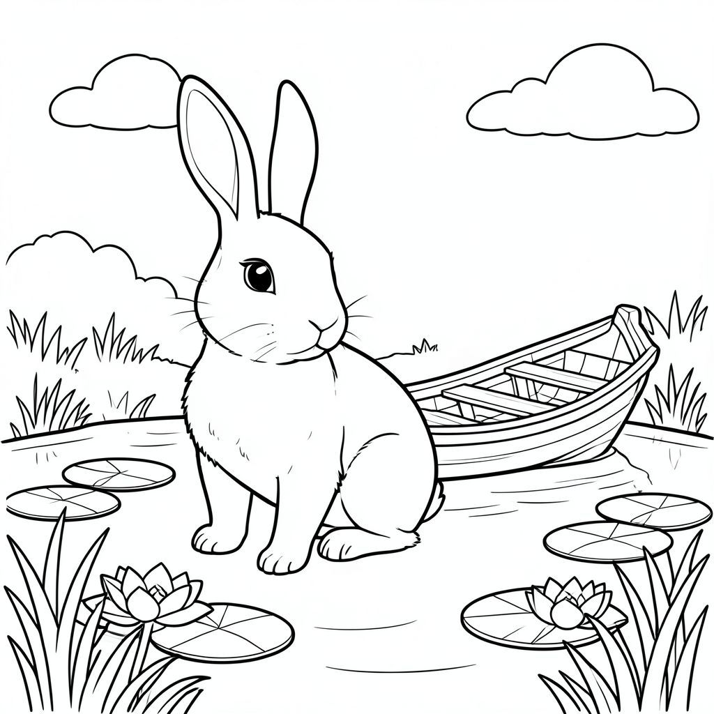 Độc lập, chủ đề đơn, một đầu, hai mắt, hai tai, bốn chân, một đuôi, tỷ lệ tự nhiên, quy mô thích hợp trong môi trường, đúng giải phẫu, thỏ, ao, miếng đệm hoa huệ, thuyền chèo bằng gỗ, nước lặng, cỏ, ánh sáng mặt trời, bầu trời quang đãng, nền đơn giản, dọn dẹp, hình minh họa, trang tô màu, nghệ thuật đường, nền trắng, solo, chủ đề đơn, đúng giải phẫu, giải phẫu hoàn hảo