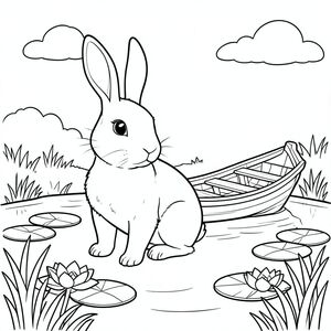 Độc lập, chủ đề đơn, một đầu, hai mắt, hai tai, bốn chân, một đuôi, tỷ lệ tự nhiên, quy mô thích hợp trong môi trường, đúng giải phẫu, thỏ, ao, miếng đệm hoa huệ, thuyền chèo bằng gỗ, nước lặng, cỏ, ánh sáng mặt trời, bầu trời quang đãng, nền đơn giản, dọn dẹp, hình minh họa, trang tô màu, nghệ thuật đường, nền trắng, solo, chủ đề đơn, đúng giải phẫu, giải phẫu hoàn hảo