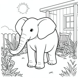 Độc mình, một con voi, một đầu, hai mắt, hai tai lớn, một thân cây, bốn chân, một đuôi, bàn chân trên mặt đất vững chắc, tỷ lệ tự nhiên, quy mô thích hợp trong môi trường, đúng về mặt giải phẫu, voi, hiên nhà có ánh nắng mặt trời, ghế bập bênh, dương xỉ, vườn, hoa, hàng rào gỗ, cỏ, lý lịch đơn giản, dọn dẹp, sách truyện, trang màu, nghệ thuật đường, nền trắng, solo, chủ đề đơn, đúng giải phẫu, giải phẫu hoàn hảo