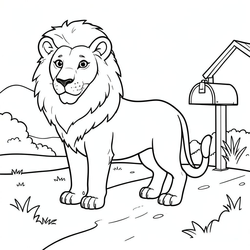 solo, chủ đề đơn, một đầu, hai mắt, hai tai, bốn chân, một đuôi, tỷ lệ tự nhiên, quy mô thích hợp trong môi trường, chính xác về mặt giải phẫu, sư tử, nông thôn, hộp thư, bụi bẩn đường lái xe, đơn giản, dọn dẹp, phong cảnh, nhỏ, cô đơn, cô đơn, độc thân, trang màu, nghệ thuật đường, nền trắng, solo, chủ đề đơn, chính xác về mặt giải phẫu, giải phẫu hoàn hảo