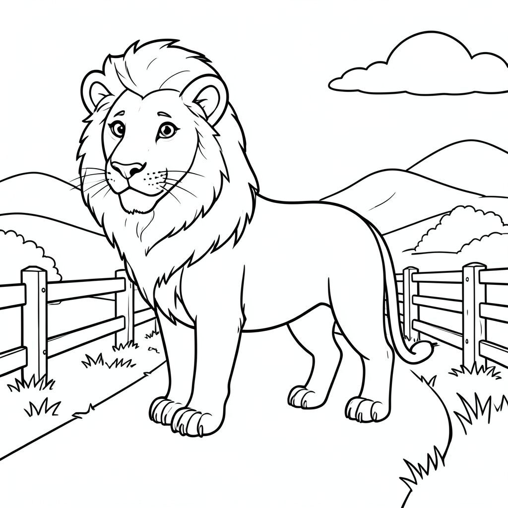 solo, chủ đề đơn, một đầu, hai mắt, hai tai, bốn chân, một đuôi, tỷ lệ tự nhiên, quy mô thích hợp trong môi trường, đúng giải phẫu, sư tử, đường nông thôn, hàng rào gỗ, đồng cỏ, nền đơn giản, dọn dẹp, tinh khiết, sách truyện, đơn giản, lý lịch, nông thôn, trang màu, nghệ thuật đường, nền trắng, solo, chủ đề đơn, đúng giải phẫu, giải phẫu hoàn hảo