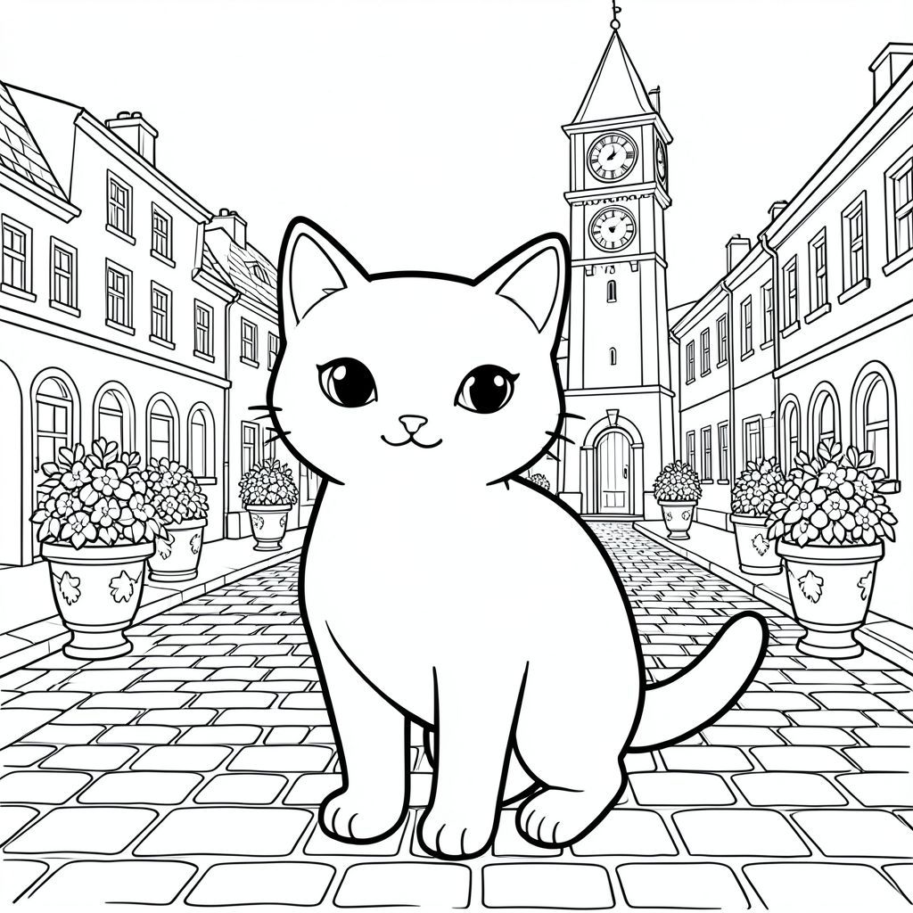 solo, chủ đề đơn, một đầu, hai mắt, hai tai, bốn chân, một đuôi, tỷ lệ tự nhiên, quy mô thích hợp trong môi trường, đúng giải phẫu, con mèo, Quảng trường thị trấn, tháp đồng hồ, người trồng hoa, đá cuội, con đường, các tòa nhà, nền đơn giản, đường sạch, phối cảnh, sách truyện, trang màu, nghệ thuật đường, nền trắng, solo, chủ đề đơn, đúng về mặt giải phẫu, giải phẫu hoàn hảo