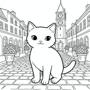 solo, chủ đề đơn, một đầu, hai mắt, hai tai, bốn chân, một đuôi, tỷ lệ tự nhiên, quy mô thích hợp trong môi trường, đúng giải phẫu, con mèo, Quảng trường thị trấn, tháp đồng hồ, người trồng hoa, đá cuội, con đường, các tòa nhà, nền đơn giản, đường sạch, phối cảnh, sách truyện, trang màu, nghệ thuật đường, nền trắng, solo, chủ đề đơn, đúng về mặt giải phẫu, giải phẫu hoàn hảo