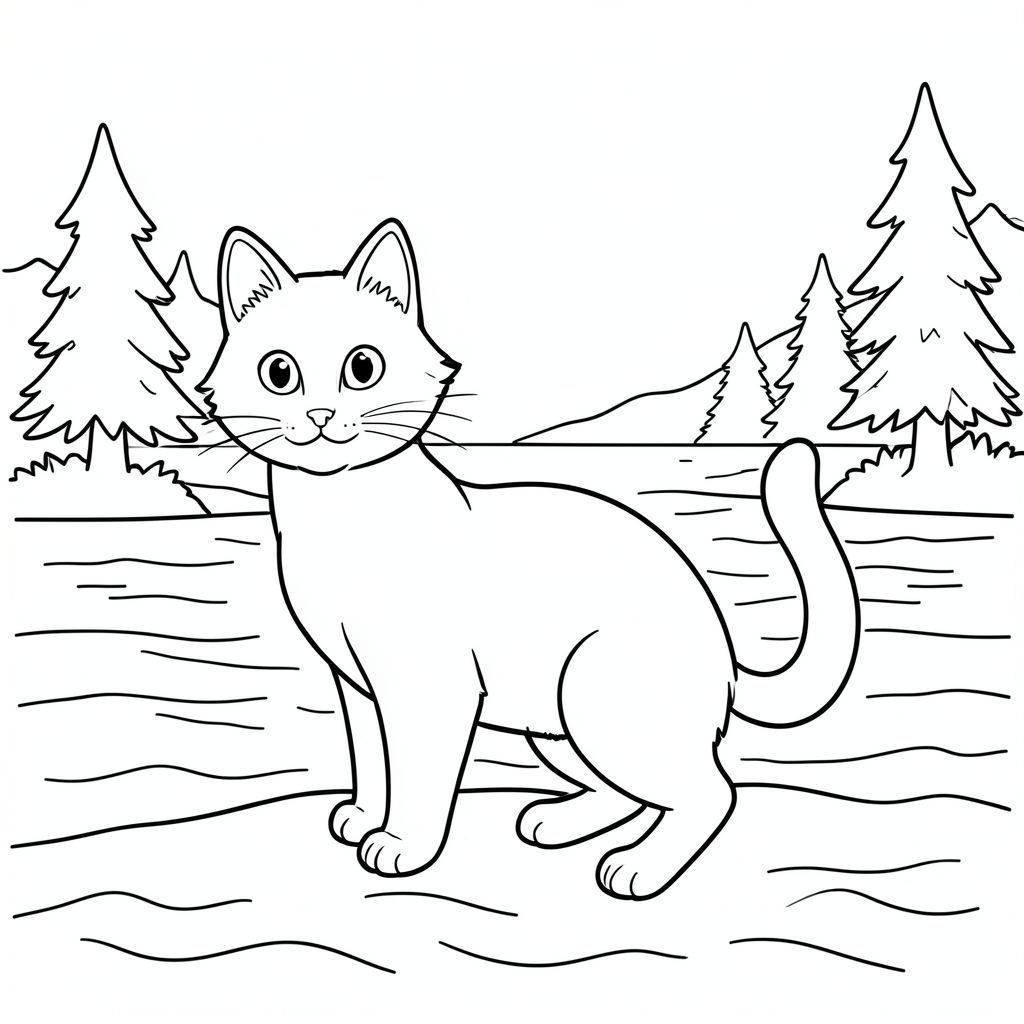 solo, chủ đề đơn, một đầu, hai mắt, hai tai, bốn chân, một đuôi, tỷ lệ tự nhiên, quy mô thích hợp trong môi trường, đúng giải phẫu, con mèo, bờ biển, hồ, sóng, cây thông, đơn giản, dọn dẹp, lý lịch, yên tĩnh, nhẹ nhàng, u ám, trang màu, nghệ thuật đường, nền trắng, solo, chủ đề đơn, đúng về mặt giải phẫu, giải phẫu hoàn hảo