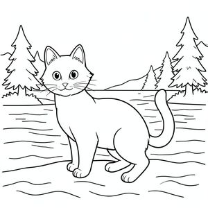 solo, chủ đề đơn, một đầu, hai mắt, hai tai, bốn chân, một đuôi, tỷ lệ tự nhiên, quy mô thích hợp trong môi trường, đúng giải phẫu, con mèo, bờ biển, hồ, sóng, cây thông, đơn giản, dọn dẹp, lý lịch, yên tĩnh, nhẹ nhàng, u ám, trang màu, nghệ thuật đường, nền trắng, solo, chủ đề đơn, đúng về mặt giải phẫu, giải phẫu hoàn hảo