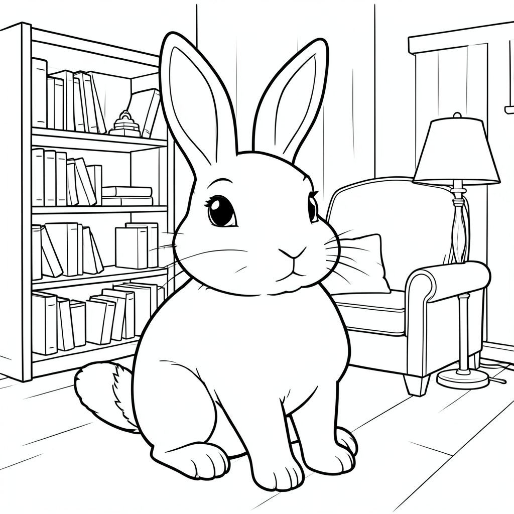 solo, chủ đề đơn, một đầu, hai mắt, hai tai, bốn chân, một đuôi, tỷ lệ tự nhiên, quy mô thích hợp trong môi trường, đúng giải phẫu, thỏ, giá sách, ghế bành, đèn, gỗ, nền đơn giản, đường sạch, tinh khiết, sách truyện, nội địa, ấm cúng, trang màu, nghệ thuật đường, nền trắng, solo, chủ đề đơn, đúng giải phẫu, giải phẫu hoàn hảo