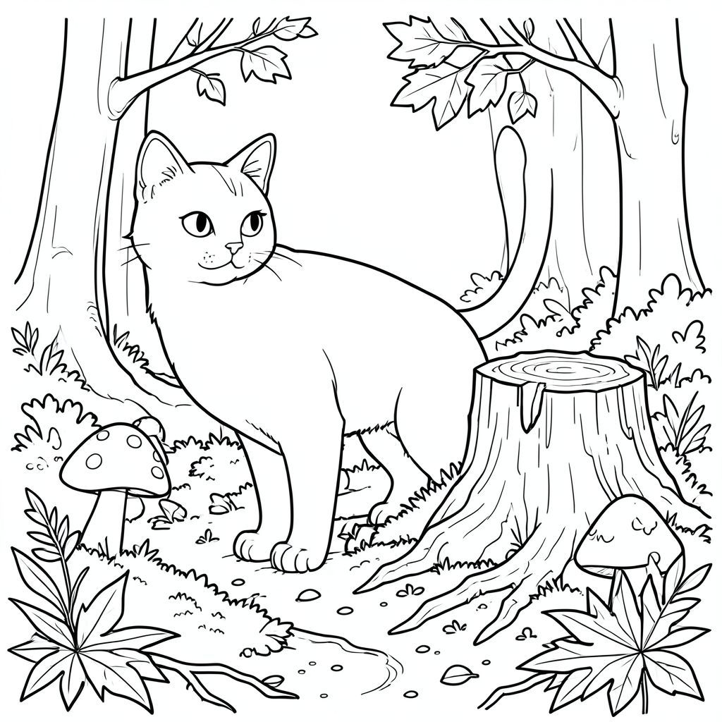 solo, chủ đề đơn, một đầu, hai mắt, hai tai, bốn chân, một đuôi, tỷ lệ tự nhiên, quy mô thích hợp trong môi trường, đúng giải phẫu, mèo, vá nấm, gốc cây mục nát, rừng ẩm, mùa thu, lá, ánh sáng mặt trời, đất, rêu, rễ, gỗ, trang màu, nghệ thuật đường, nền trắng, solo, chủ đề đơn, đúng giải phẫu, giải phẫu hoàn hảo