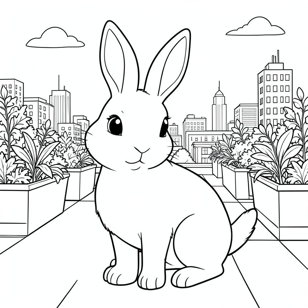 solo, chủ đề đơn, một đầu, hai mắt, hai tai, bốn chân, một đuôi, tỷ lệ tự nhiên, quy mô thích hợp trong môi trường, đúng về mặt giải phẫu, thỏ, Sân thượng, Tòa nhà thành phố, Chậu trồng cây trên cao, Đường chân trời, thực vật, tán lá, Ánh sáng mặt trời, bầu trời quang đãng, dọn dẹp, đơn giản, trang màu, nghệ thuật đường, nền trắng, solo, chủ đề đơn, đúng về mặt giải phẫu, giải phẫu hoàn hảo