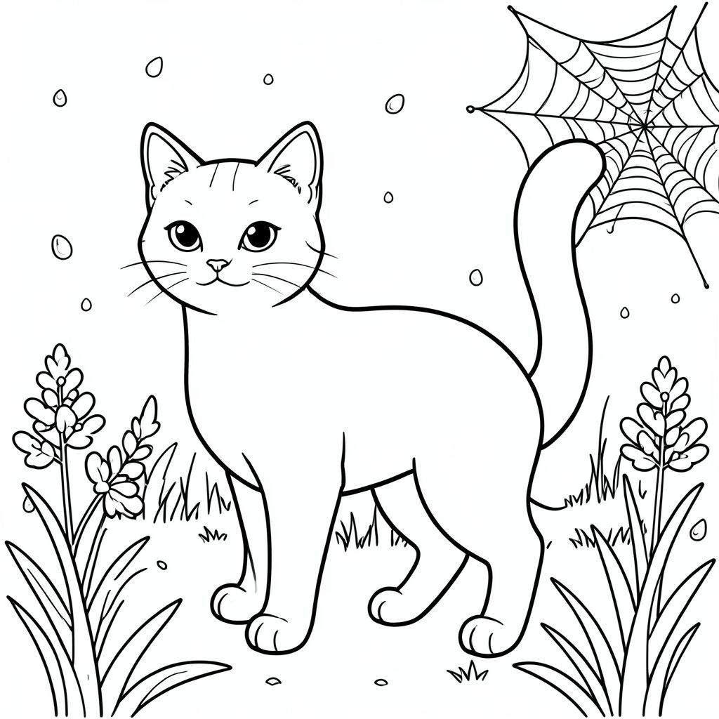 solo, chủ đề đơn, một đầu, hai mắt, hai tai, bốn chân, một đuôi, tỷ lệ tự nhiên, quy mô thích hợp trong môi trường, đúng giải phẫu, con mèo, mùa xuân, buổi sáng, giọt sương, mạng nhện, cỏ, đơn giản, sạch sẽ, lý lịch, phong cảnh, tán lá, trang tô màu, nghệ thuật đường, nền trắng, solo, chủ đề đơn, đúng về mặt giải phẫu, giải phẫu hoàn hảo