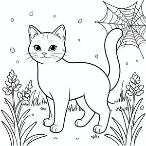 solo, chủ đề đơn, một đầu, hai mắt, hai tai, bốn chân, một đuôi, tỷ lệ tự nhiên, quy mô thích hợp trong môi trường, đúng giải phẫu, con mèo, mùa xuân, buổi sáng, giọt sương, mạng nhện, cỏ, đơn giản, sạch sẽ, lý lịch, phong cảnh, tán lá, trang tô màu, nghệ thuật đường, nền trắng, solo, chủ đề đơn, đúng về mặt giải phẫu, giải phẫu hoàn hảo