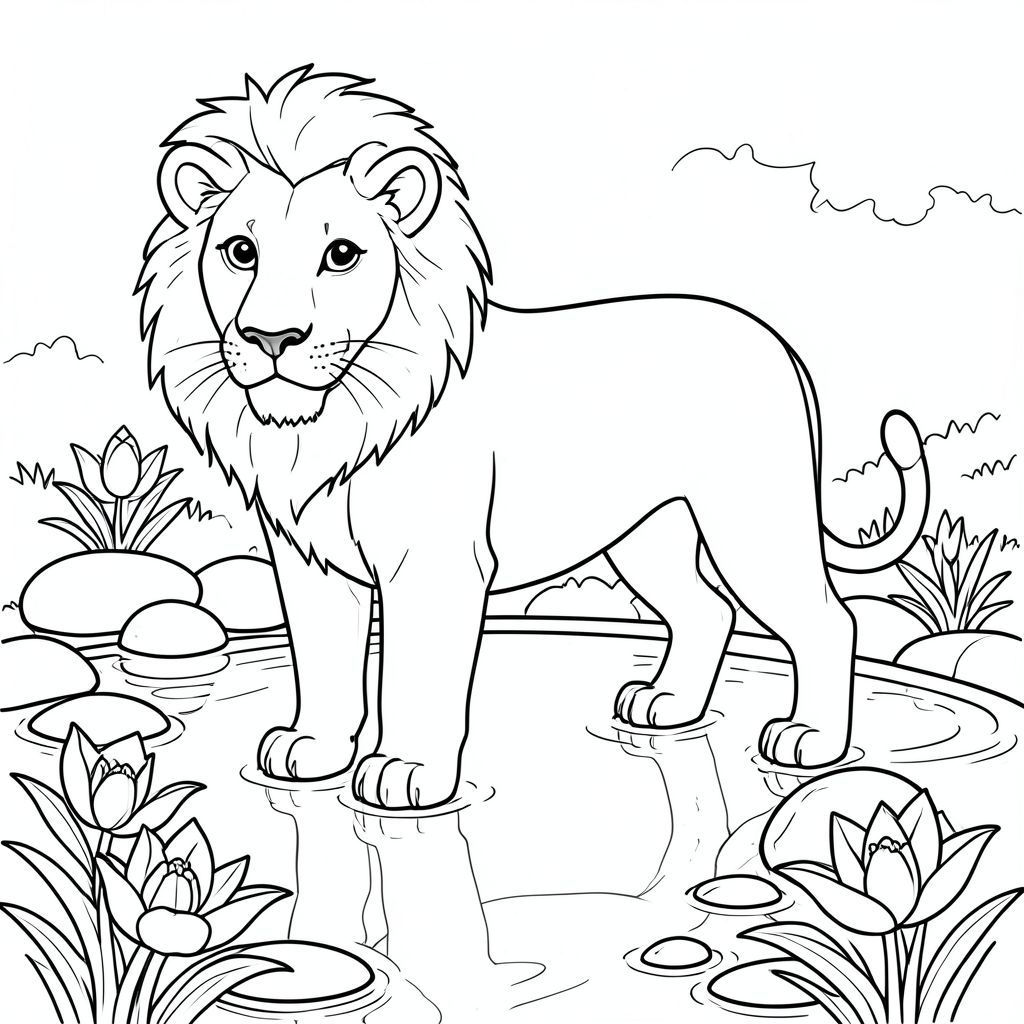 solo, chủ đề đơn, một đầu, hai mắt, hai tai, bốn chân, một đuôi, tỷ lệ tự nhiên, quy mô thích hợp trong môi trường, đúng giải phẫu, sư tử, ao hoa huệ, đá tròn, nước, phản chiếu, ánh sáng mặt trời, trong sáng, thanh thản, yên bình, điềm tĩnh, đơn giản, tô màu, nghệ thuật đường, nền trắng, solo, chủ đề đơn, chính xác về mặt giải phẫu, giải phẫu hoàn hảo