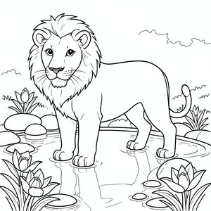 solo, chủ đề đơn, một đầu, hai mắt, hai tai, bốn chân, một đuôi, tỷ lệ tự nhiên, quy mô thích hợp trong môi trường, đúng giải phẫu, sư tử, ao hoa huệ, đá tròn, nước, phản chiếu, ánh sáng mặt trời, trong sáng, thanh thản, yên bình, điềm tĩnh, đơn giản, tô màu, nghệ thuật đường, nền trắng, solo, chủ đề đơn, chính xác về mặt giải phẫu, giải phẫu hoàn hảo