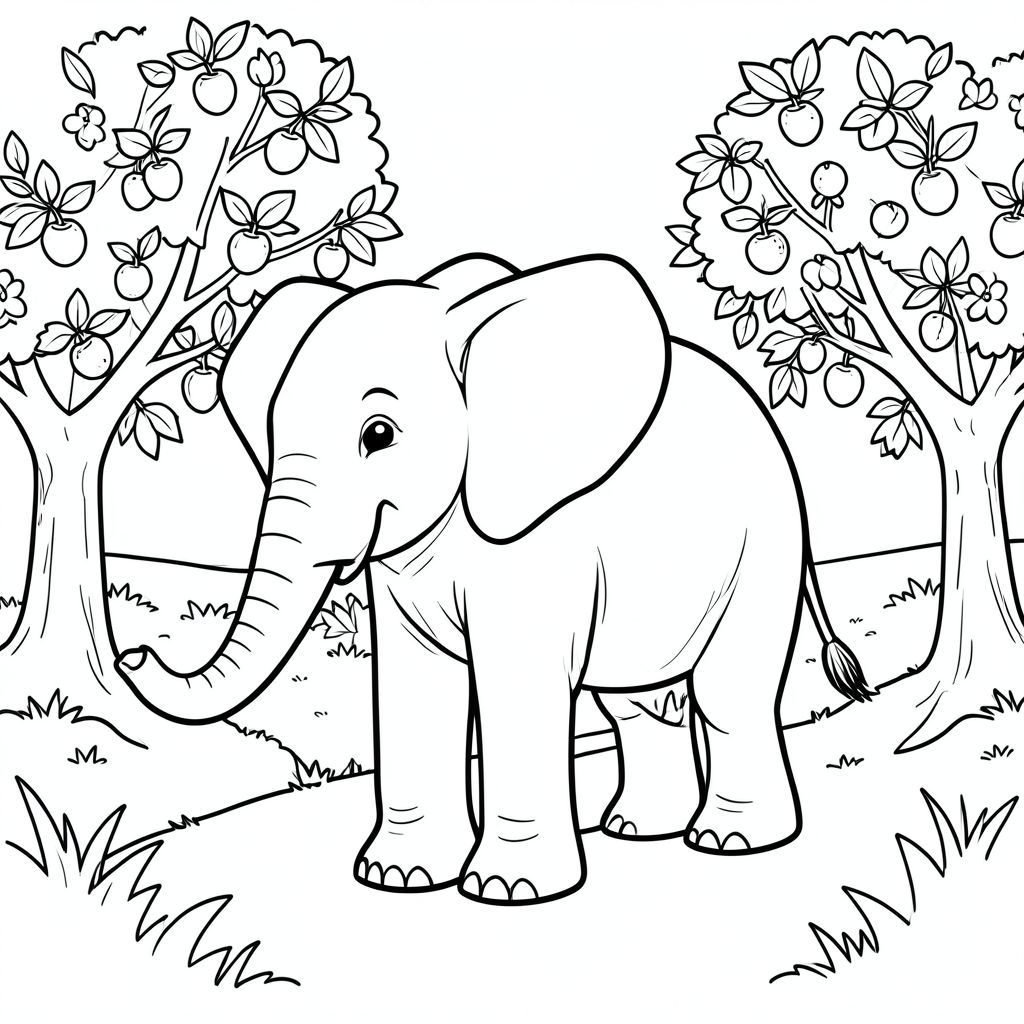 Độc lập, một con voi, một đầu, hai mắt, hai tai lớn, một thân cây, bốn chân, một đuôi, bàn chân trên mặt đất vững chắc, tỷ lệ tự nhiên, quy mô thích hợp trong môi trường, đúng về mặt giải phẫu, voi, vườn cây ăn quả, đường mòn, cây cối, trái cây, đơn giản, dọn dẹp, lý lịch, tuyến tính, nghệ thuật, hàng, trang màu, nghệ thuật đường, nền trắng, solo, chủ đề đơn, chính xác về mặt giải phẫu, giải phẫu hoàn hảo