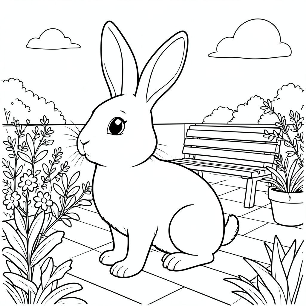 solo, chủ đề đơn, một đầu, hai mắt, hai tai, bốn chân, một đuôi, tỷ lệ tự nhiên, quy mô thích hợp trong môi trường, đúng giải phẫu, thỏ, Sân thượng, sân thượng, thực vật, băng ghế, đơn giản, dọn dẹp, vườn, ánh sáng mặt trời, xem, đường chân trời, trang màu, nghệ thuật đường, nền trắng, solo, chủ đề đơn, đúng về mặt giải phẫu, giải phẫu hoàn hảo