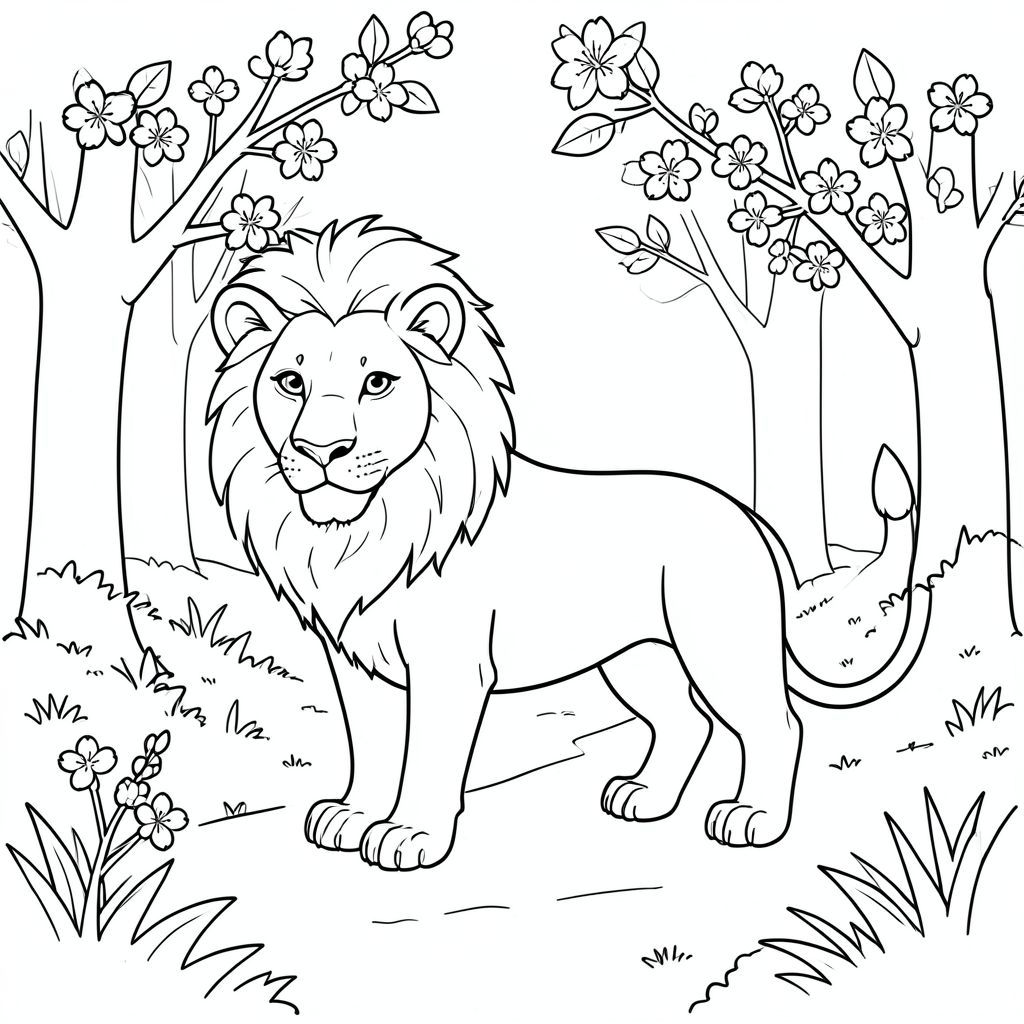 solo, chủ đề đơn, một đầu, hai mắt, hai tai, bốn chân, một đuôi, tỷ lệ tự nhiên, quy mô thích hợp trong môi trường, đúng giải phẫu, sư tử, hoa anh đào, con đường, công viên, yên tĩnh, đơn giản, dọn dẹp, rừng, lá, ánh sáng mặt trời, mềm mại, trang màu, nghệ thuật đường, nền trắng, solo, chủ đề đơn, đúng về mặt giải phẫu, giải phẫu hoàn hảo