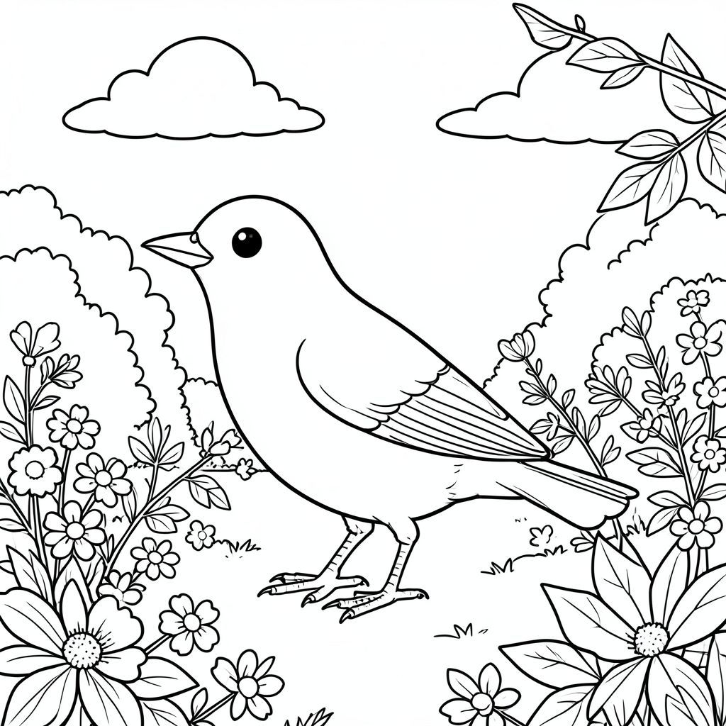 solo, một con chim, một đầu, hai mắt, một mỏ, hai cánh, hai chân, một đuôi, tỷ lệ tự nhiên, quy mô thích hợp trong môi trường, đúng giải phẫu, chim, công viên, vườn, hoa, tươi tốt, nắng, trong sáng, bầu trời, đám mây, lá, chi nhánh, trang màu, nghệ thuật đường, nền trắng, solo, chủ đề đơn, đúng về mặt giải phẫu, giải phẫu hoàn hảo