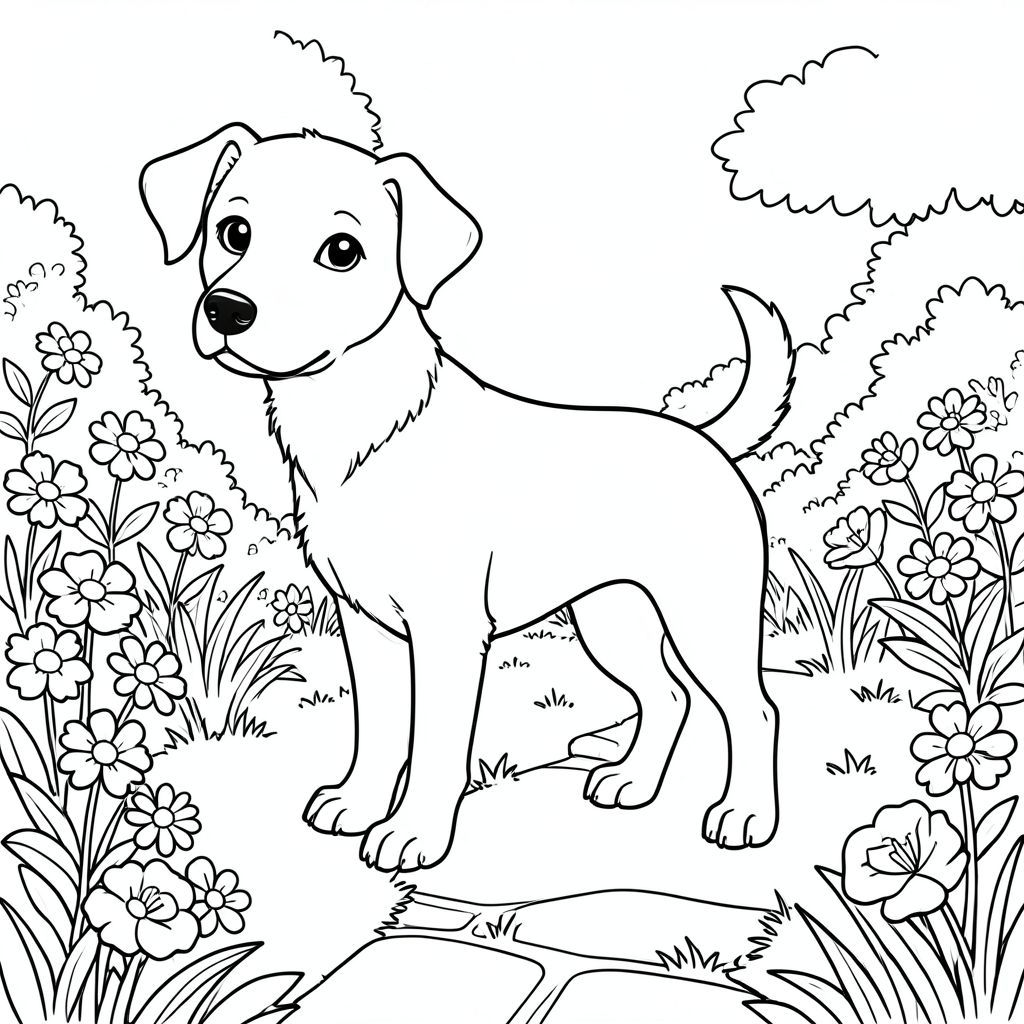 solo, chủ đề đơn, một đầu, hai mắt, hai tai, bốn chân, một đuôi, tỷ lệ tự nhiên, quy mô thích hợp trong môi trường, đúng giải phẫu, chó, công viên, vườn, hoa, tươi tốt, ánh sáng mặt trời, rõ ràng, mịn, cỏ, con đường, đá, trang màu, nghệ thuật đường, nền trắng, solo, chủ đề đơn, đúng về mặt giải phẫu, giải phẫu hoàn hảo