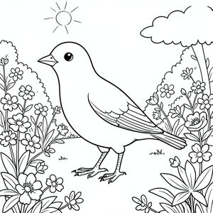 solo, một con chim, một đầu, hai mắt, một mỏ, hai cánh, hai chân, một đuôi, tỷ lệ tự nhiên, quy mô thích hợp trong môi trường, đúng giải phẫu, chim, công viên, vườn, hoa, tươi tốt, ánh sáng mặt trời, rõ ràng, đơn giản, lý lịch, yên bình, thanh thản, trang tô màu, nghệ thuật đường, nền trắng, solo, chủ đề đơn, đúng về mặt giải phẫu, giải phẫu hoàn hảo