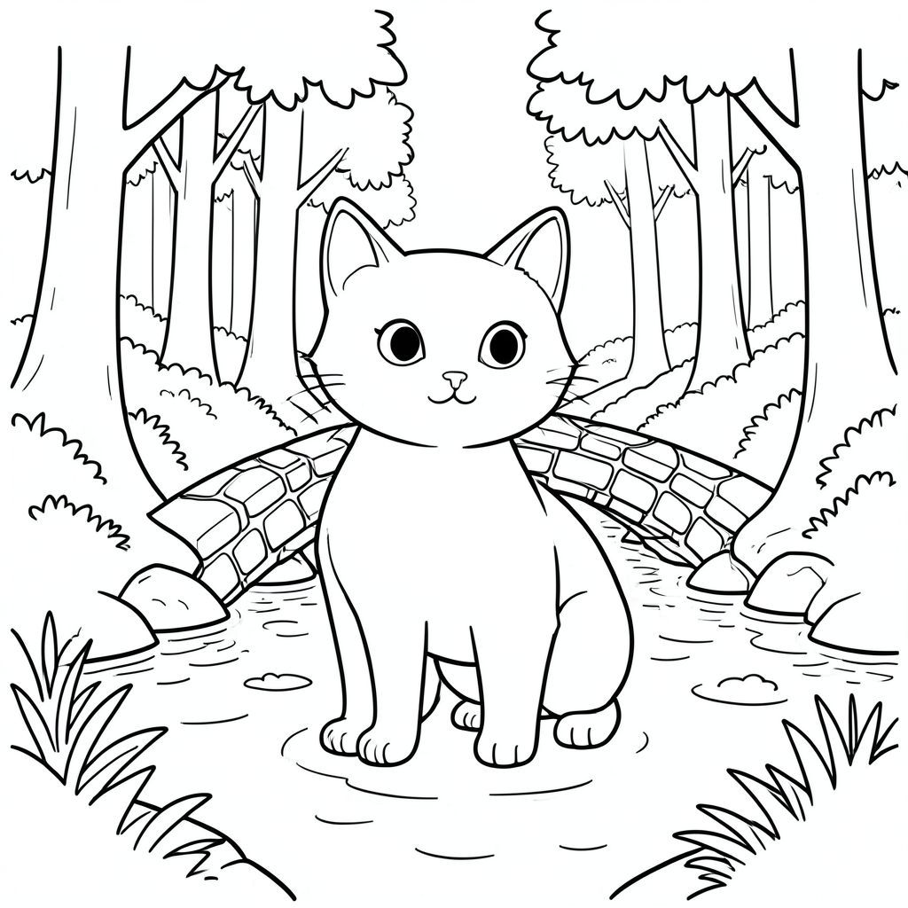 solo, chủ đề đơn, một đầu, hai mắt, hai tai, bốn chân, một đuôi, tỷ lệ tự nhiên, quy mô thích hợp trong môi trường, đúng giải phẫu, con mèo, Cầu đá, suối rừng, Nước bập bẹ, rừng, cây cối, Ánh sáng mặt trời, rõ ràng, yên bình, yên tĩnh, đơn giản, Trang màu, nghệ thuật đường, nền trắng, solo, chủ đề đơn, đúng về mặt giải phẫu, giải phẫu hoàn hảo