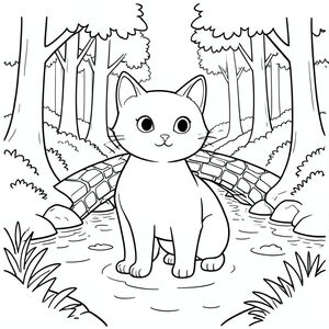 solo, chủ đề đơn, một đầu, hai mắt, hai tai, bốn chân, một đuôi, tỷ lệ tự nhiên, quy mô thích hợp trong môi trường, đúng giải phẫu, con mèo, Cầu đá, suối rừng, Nước bập bẹ, rừng, cây cối, Ánh sáng mặt trời, rõ ràng, yên bình, yên tĩnh, đơn giản, Trang màu, nghệ thuật đường, nền trắng, solo, chủ đề đơn, đúng về mặt giải phẫu, giải phẫu hoàn hảo