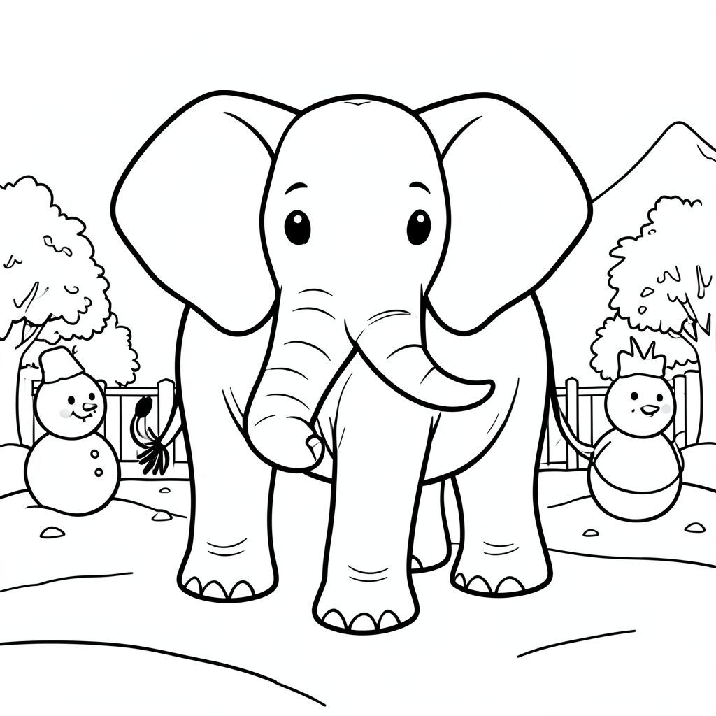 solo, một con voi, một đầu, hai mắt, hai tai lớn, một thân cây, bốn chân, một cái đuôi, bàn chân trên nền vững chắc, tỷ lệ tự nhiên, quy mô thích hợp trong môi trường, đúng về mặt giải phẫu, voi, tuyết, mùa đông, sân trước, người tuyết, tuyết, tuyết tươi, nền đơn giản, dọn dẹp, phong cách truyện tranh, nghệ thuật đại chúng, trang màu, nghệ thuật đường, nền trắng, solo, chủ đề đơn, đúng giải phẫu, giải phẫu hoàn hảo