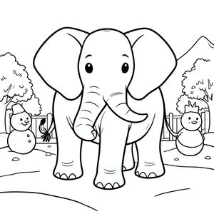 solo, một con voi, một đầu, hai mắt, hai tai lớn, một thân cây, bốn chân, một cái đuôi, bàn chân trên nền vững chắc, tỷ lệ tự nhiên, quy mô thích hợp trong môi trường, đúng về mặt giải phẫu, voi, tuyết, mùa đông, sân trước, người tuyết, tuyết, tuyết tươi, nền đơn giản, dọn dẹp, phong cách truyện tranh, nghệ thuật đại chúng, trang màu, nghệ thuật đường, nền trắng, solo, chủ đề đơn, đúng giải phẫu, giải phẫu hoàn hảo