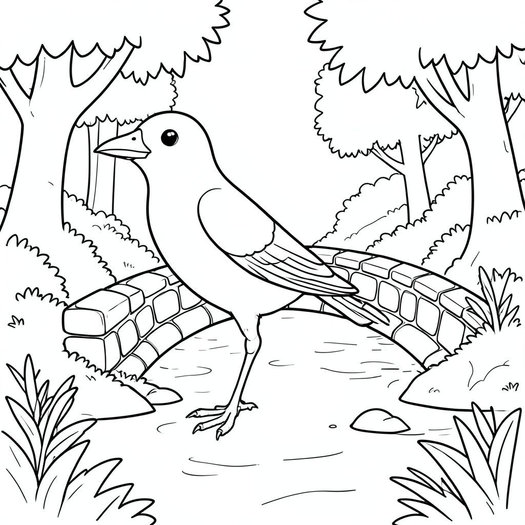 solo, một con chim, một đầu, hai mắt, một mỏ, hai cánh, hai chân, một đuôi, tỷ lệ tự nhiên, quy mô thích hợp trong môi trường, đúng giải phẫu, chim, cầu đá, suối rừng, nước bập bẹ, cây, tán lá, ánh sáng mặt trời, nền đơn giản, đường sạch, sách truyện, thuần khiết, trang màu, nghệ thuật đường, nền trắng, solo, chủ đề đơn, đúng giải phẫu, giải phẫu hoàn hảo