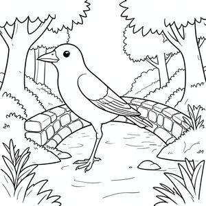 solo, một con chim, một đầu, hai mắt, một mỏ, hai cánh, hai chân, một đuôi, tỷ lệ tự nhiên, quy mô thích hợp trong môi trường, đúng giải phẫu, chim, cầu đá, suối rừng, nước bập bẹ, cây, tán lá, ánh sáng mặt trời, nền đơn giản, đường sạch, sách truyện, thuần khiết, trang màu, nghệ thuật đường, nền trắng, solo, chủ đề đơn, đúng giải phẫu, giải phẫu hoàn hảo