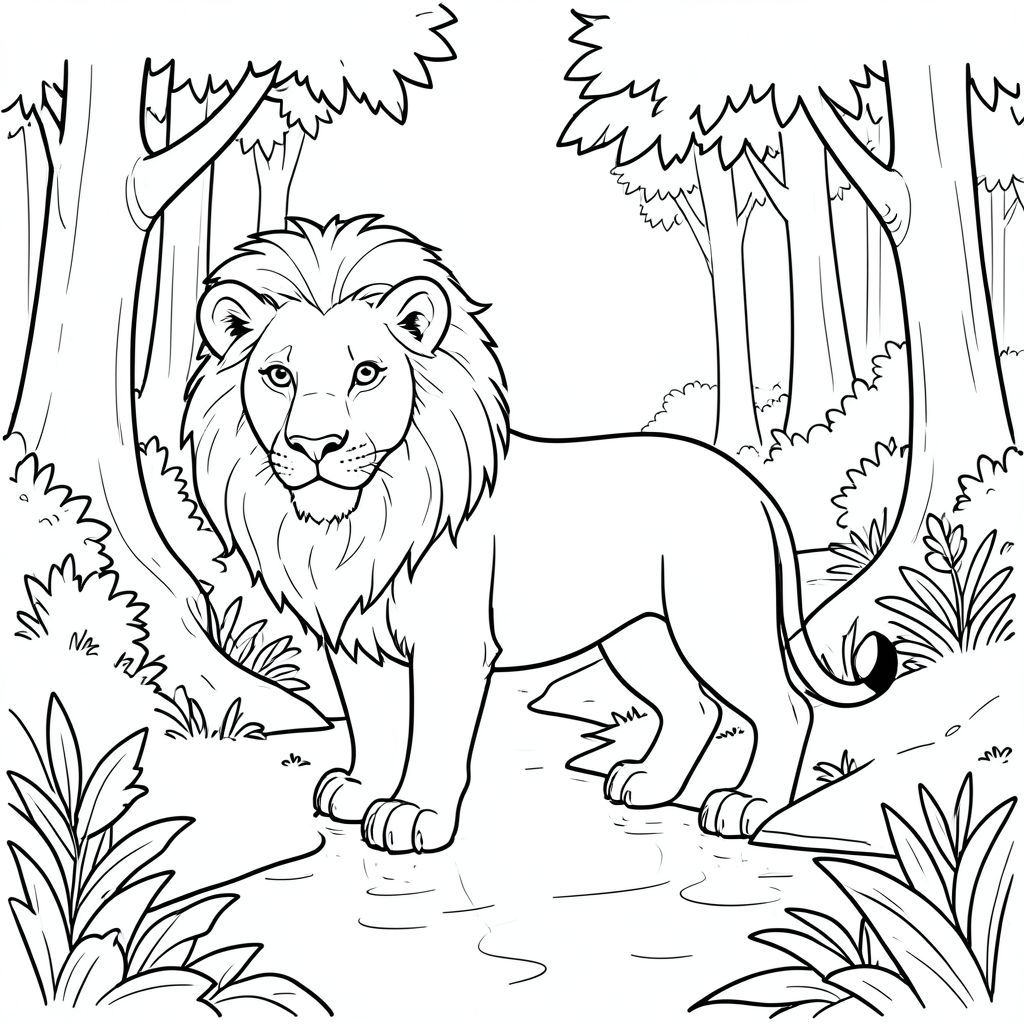 solo, chủ đề đơn, một đầu, hai mắt, hai tai, bốn chân, một đuôi, tỷ lệ tự nhiên, quy mô thích hợp trong môi trường, đúng giải phẫu, sư tử, Rừng cây, suối, Nước, vẫn, yên tĩnh, rừng, cây cối, tán lá, Ánh sáng mặt trời, trong sáng, trang màu, nghệ thuật đường, nền trắng, Solo, chủ đề đơn, đúng về mặt giải phẫu, giải phẫu hoàn hảo