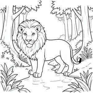 solo, chủ đề đơn, một đầu, hai mắt, hai tai, bốn chân, một đuôi, tỷ lệ tự nhiên, quy mô thích hợp trong môi trường, đúng giải phẫu, sư tử, Rừng cây, suối, Nước, vẫn, yên tĩnh, rừng, cây cối, tán lá, Ánh sáng mặt trời, trong sáng, trang màu, nghệ thuật đường, nền trắng, Solo, chủ đề đơn, đúng về mặt giải phẫu, giải phẫu hoàn hảo