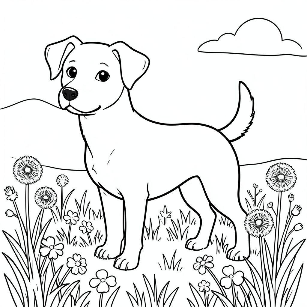 solo, chủ đề đơn, một đầu, hai mắt, hai tai, bốn chân, một đuôi, tỷ lệ tự nhiên, quy mô thích hợp trong môi trường, đúng giải phẫu,, Đồng cỏ, hoa dại, cỏ, bồ công anh, cỏ ba lá, ánh sáng mặt trời, bầu trời quang đãng, gió nhẹ, nền đơn giản, dọn dẹp, trang màu, nghệ thuật đường, nền trắng, solo, chủ đề đơn, chính xác về mặt giải phẫu, giải phẫu hoàn hảo