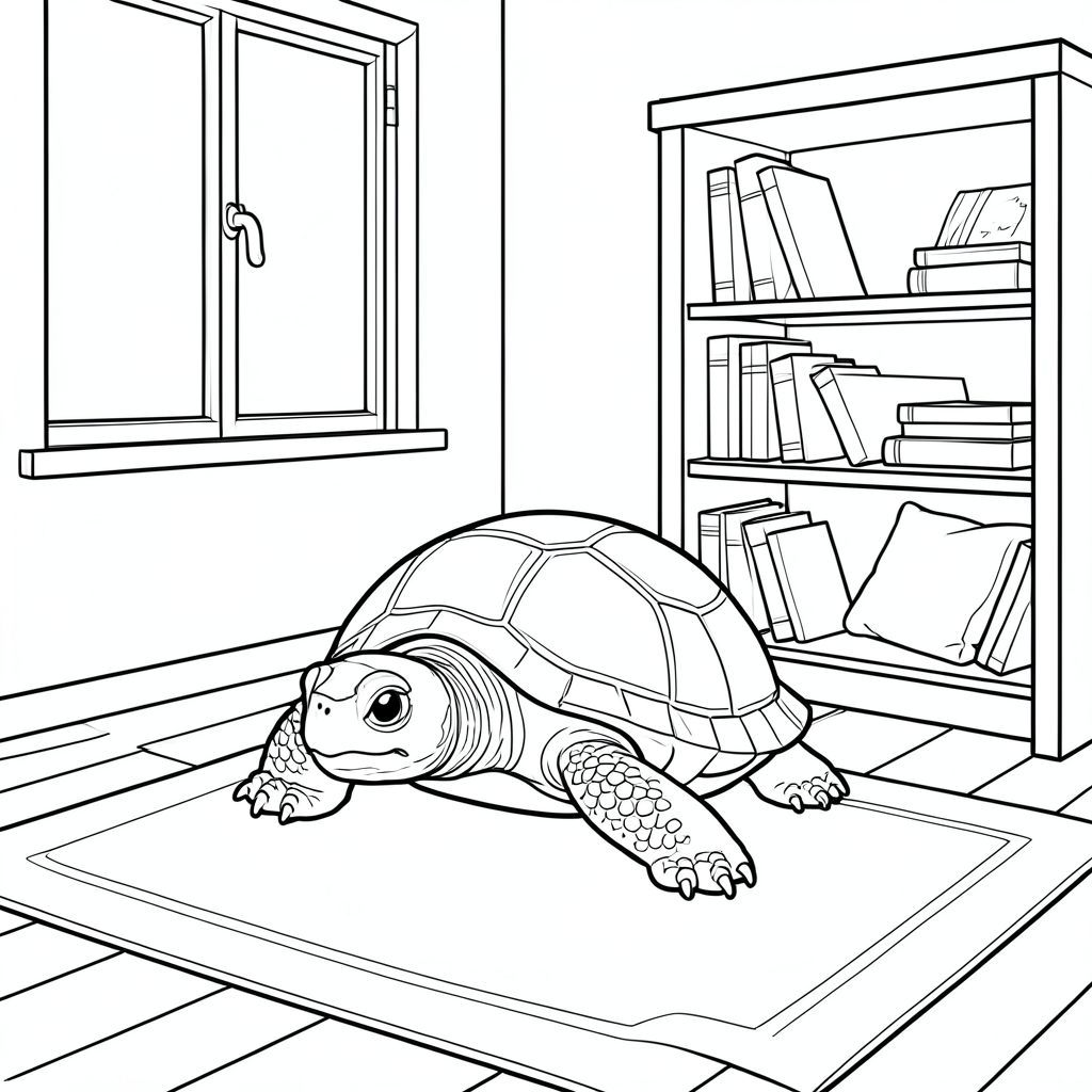 Độc lập, Rùa đơn, một đầu, hai mắt, bốn chân, một vỏ, một đuôi, bàn chân trên mặt đất vững chắc, tỷ lệ tự nhiên, quy mô thích hợp trong môi trường, đúng giải phẫu, rùa, cửa sổ, giá sách, đệm, sách, mềm, ánh sáng ấm áp, sàn gỗ, thảm, nền đơn giản, dọn dẹp, trang tô màu, nghệ thuật đường, nền trắng, solo, chủ đề đơn, chính xác về mặt giải phẫu, giải phẫu hoàn hảo