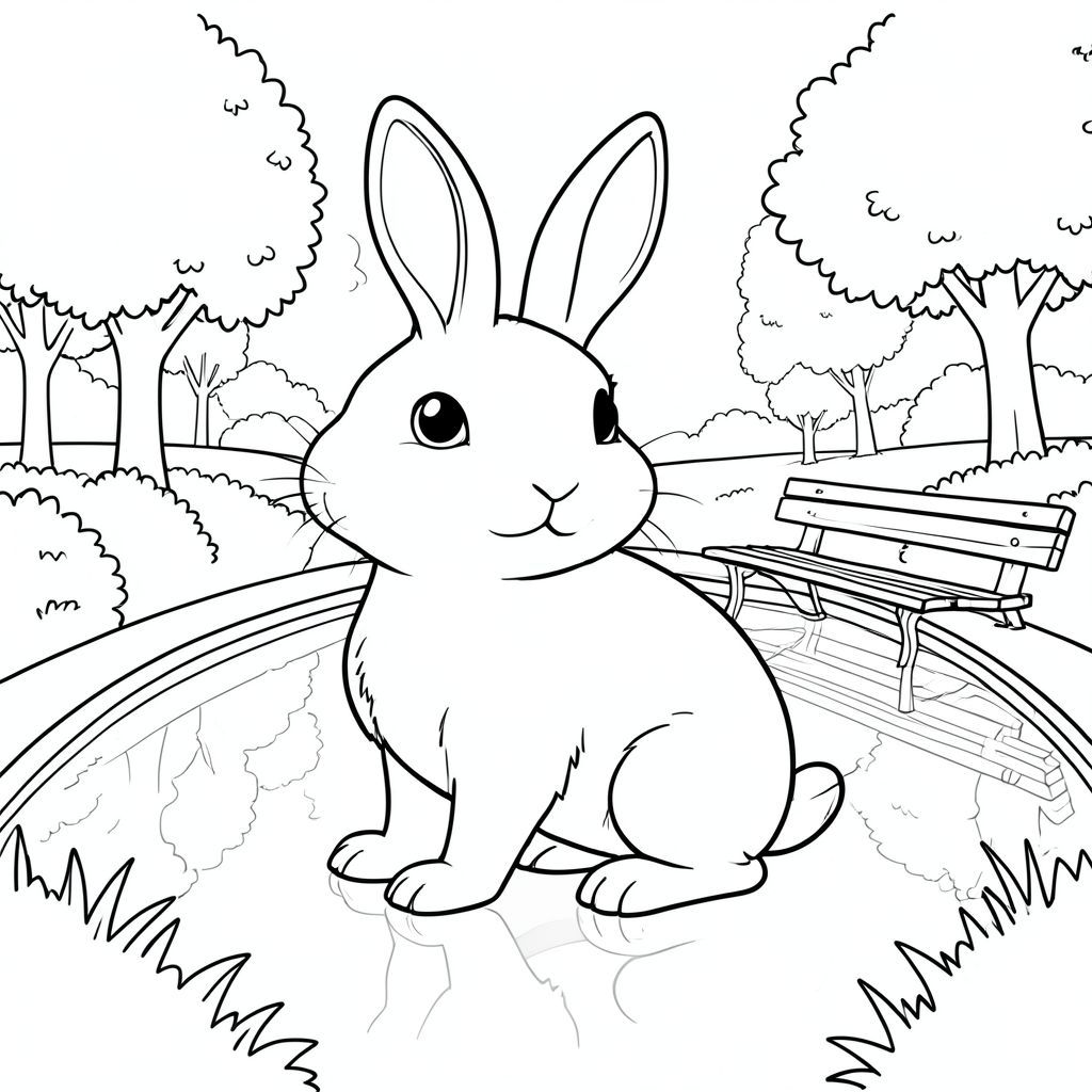 solo, chủ đề đơn, một đầu, hai mắt, hai tai, bốn chân, một đuôi, tỷ lệ tự nhiên, quy mô thích hợp trong môi trường, đúng giải phẫu, thỏ, hồ bơi, công viên tưởng niệm, băng ghế, yên tĩnh, phản chiếu, đơn giản, sạch sẽ, phong cảnh, cây xanh, cây cối, trang màu, nghệ thuật đường, nền trắng, solo, chủ đề đơn, đúng về mặt giải phẫu, giải phẫu hoàn hảo