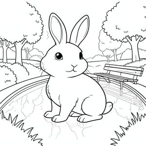 solo, chủ đề đơn, một đầu, hai mắt, hai tai, bốn chân, một đuôi, tỷ lệ tự nhiên, quy mô thích hợp trong môi trường, đúng giải phẫu, thỏ, hồ bơi, công viên tưởng niệm, băng ghế, yên tĩnh, phản chiếu, đơn giản, sạch sẽ, phong cảnh, cây xanh, cây cối, trang màu, nghệ thuật đường, nền trắng, solo, chủ đề đơn, đúng về mặt giải phẫu, giải phẫu hoàn hảo