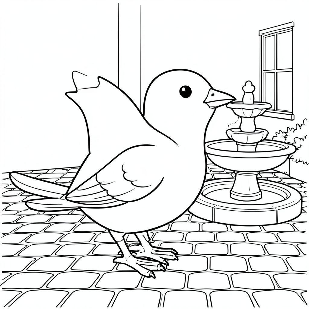 Độc lập, một con chim, một đầu, hai mắt, một mỏ, hai cánh, hai chân, một đuôi, tỷ lệ tự nhiên, quy mô thích hợp trong môi trường, đúng giải phẫu, chim, sân nhỏ, đá cuội, đài phun nước, nền đơn giản, môi trường sạch sẽ, gạch trắng, nhỏ, yên bình, yên tĩnh, thanh thản, trang màu, nghệ thuật đường, nền trắng, solo, chủ đề đơn, chính xác về mặt giải phẫu, giải phẫu hoàn hảo