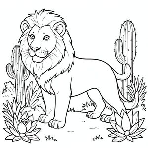 solo, chủ đề đơn, một đầu, hai mắt, hai tai, bốn chân, một đuôi, tỷ lệ tự nhiên, quy mô thích hợp trong môi trường, đúng giải phẫu, sư tử, xương rồng, xương rồng, vườn, sân, sa mạc, nắng, ấm áp, tán lá, kết cấu, mịn, trang màu, nghệ thuật đường, nền trắng, solo, chủ đề đơn, chính xác về mặt giải phẫu, giải phẫu hoàn hảo