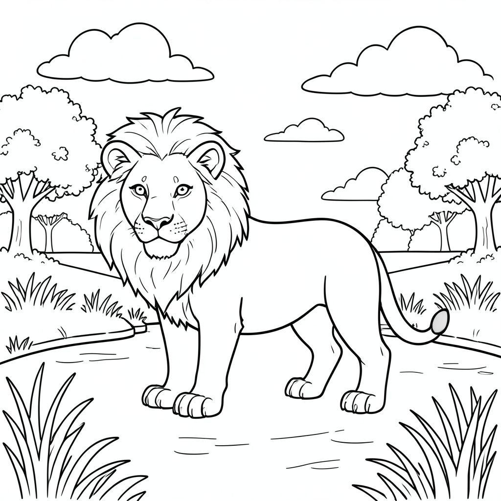 solo, chủ đề đơn, một đầu, hai mắt, hai tai, bốn chân, một đuôi, tỷ lệ tự nhiên, quy mô thích hợp trong môi trường, đúng giải phẫu, sư tử, lạch, cỏ, đồng cỏ, bằng phẳng, nắng, Bầu trời, đám mây, cây, Tán lá, Nước, Trang màu, nghệ thuật đường, nền trắng, Solo, chủ đề đơn, đúng giải phẫu, giải phẫu hoàn hảo