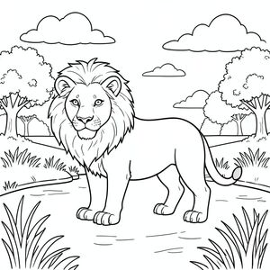 solo, chủ đề đơn, một đầu, hai mắt, hai tai, bốn chân, một đuôi, tỷ lệ tự nhiên, quy mô thích hợp trong môi trường, đúng giải phẫu, sư tử, lạch, cỏ, đồng cỏ, bằng phẳng, nắng, Bầu trời, đám mây, cây, Tán lá, Nước, Trang màu, nghệ thuật đường, nền trắng, Solo, chủ đề đơn, đúng giải phẫu, giải phẫu hoàn hảo