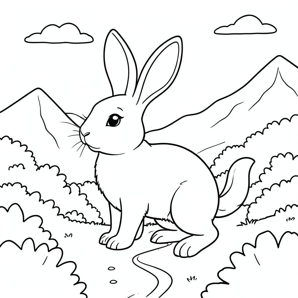 solo, chủ đề đơn, một đầu, hai mắt, hai tai, bốn chân, một đuôi, tỷ lệ tự nhiên, quy mô thích hợp trong môi trường, đúng giải phẫu, thỏ, Núi, đường mòn, bụi cây, thấp, ánh sáng mặt trời, trong sáng, bầu trời, con đường, quanh co, đơn giản, tô màu, nghệ thuật đường, nền trắng, solo, chủ đề đơn, đúng về mặt giải phẫu, giải phẫu hoàn hảo