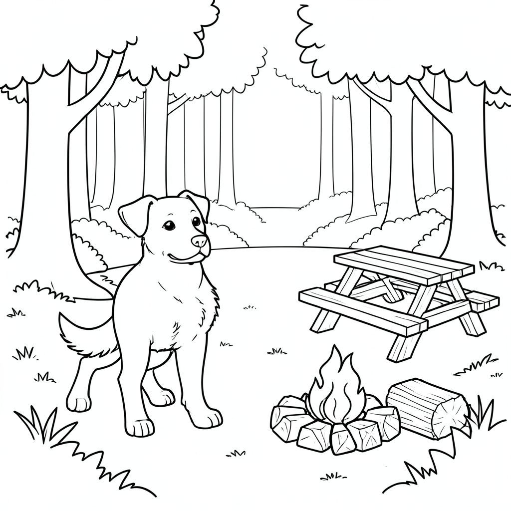 solo, chủ đề đơn, một đầu, hai mắt, hai tai, bốn chân, một đuôi, tỷ lệ tự nhiên, quy mô thích hợp trong môi trường, đúng giải phẫu, chó, cây cối, rừng, ánh sáng mặt trời, dọn dẹp, bàn dã ngoại, vòng lửa, Gỗ, đơn giản, dọn dẹp, lý lịch, tô màu, nghệ thuật đường, nền trắng, solo, chủ đề đơn, đúng về mặt giải phẫu, giải phẫu hoàn hảo