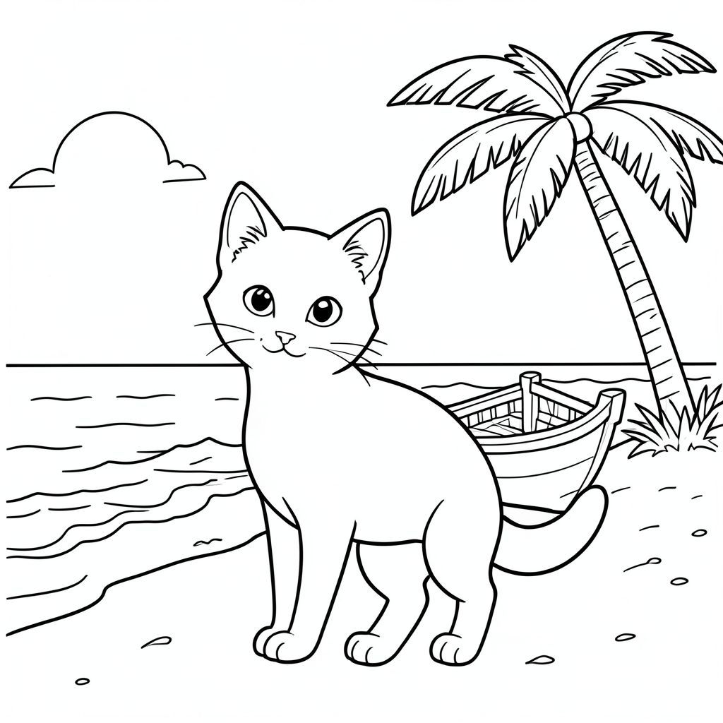 solo, chủ đề đơn, một đầu, hai mắt, hai tai, bốn chân, một đuôi, tỷ lệ tự nhiên, quy mô thích hợp trong môi trường, đúng giải phẫu, con mèo, bờ biển, cọ dừa, thuyền nhỏ, cát, đại dương, bầu trời quang đãng, ánh sáng mặt trời, sóng, bờ biển, Nước, trang tô màu, nghệ thuật đường, nền trắng, solo, chủ đề đơn, đúng về mặt giải phẫu, giải phẫu hoàn hảo