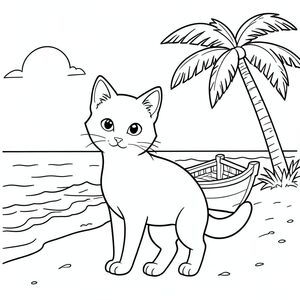 solo, chủ đề đơn, một đầu, hai mắt, hai tai, bốn chân, một đuôi, tỷ lệ tự nhiên, quy mô thích hợp trong môi trường, đúng giải phẫu, con mèo, bờ biển, cọ dừa, thuyền nhỏ, cát, đại dương, bầu trời quang đãng, ánh sáng mặt trời, sóng, bờ biển, Nước, trang tô màu, nghệ thuật đường, nền trắng, solo, chủ đề đơn, đúng về mặt giải phẫu, giải phẫu hoàn hảo